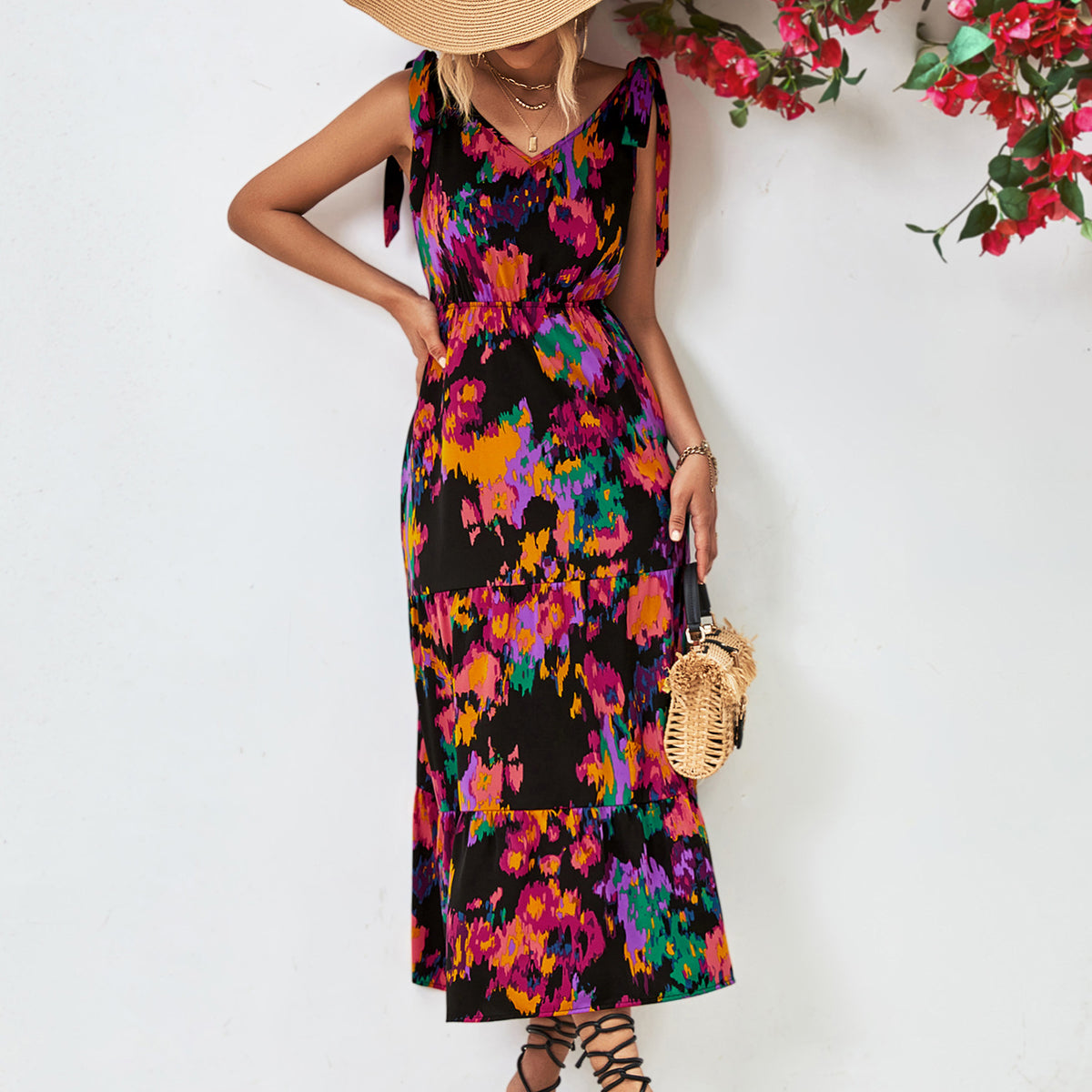 Multicolored V-Neck Backless Midi Dress