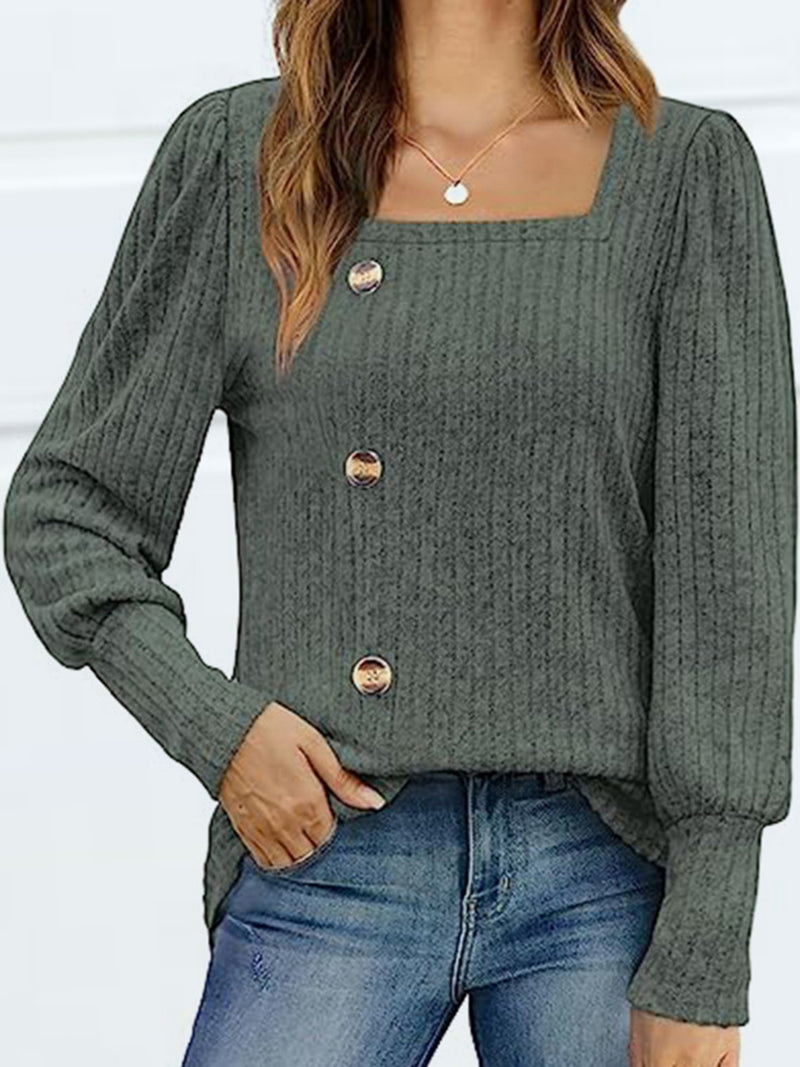 Decorative Button Square Neck Top Sage