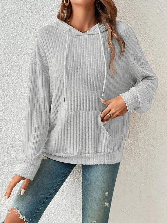 Ribbed Dropped Shoulder Drawstring Hoodie Light Gray