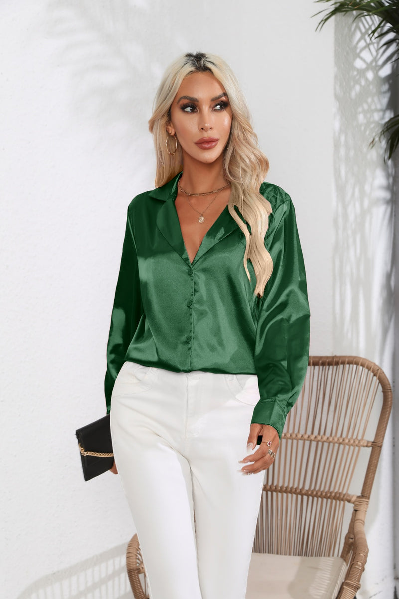 Lapel Collar Button Up Long Sleeve Shirt Dark Green
