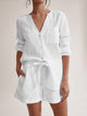Notched Long Sleeve Top and Shorts Set White