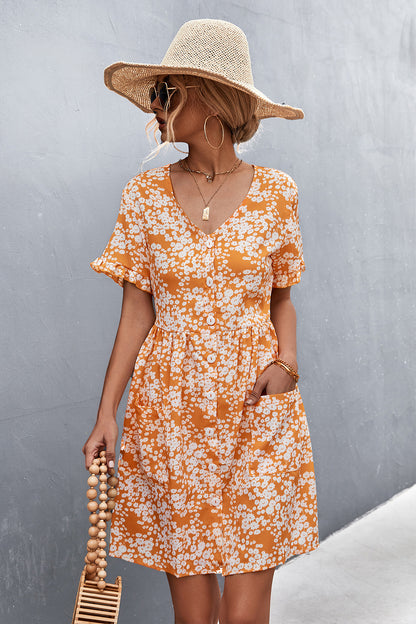 Printed Button down Pocketed Dress Caramel