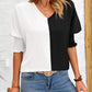 Contrast V-Neck Lantern Sleeve Blouse