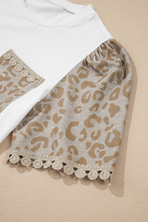 Leopard Patchwork Crochet Lace Trim Puff Sleeve T Shirt