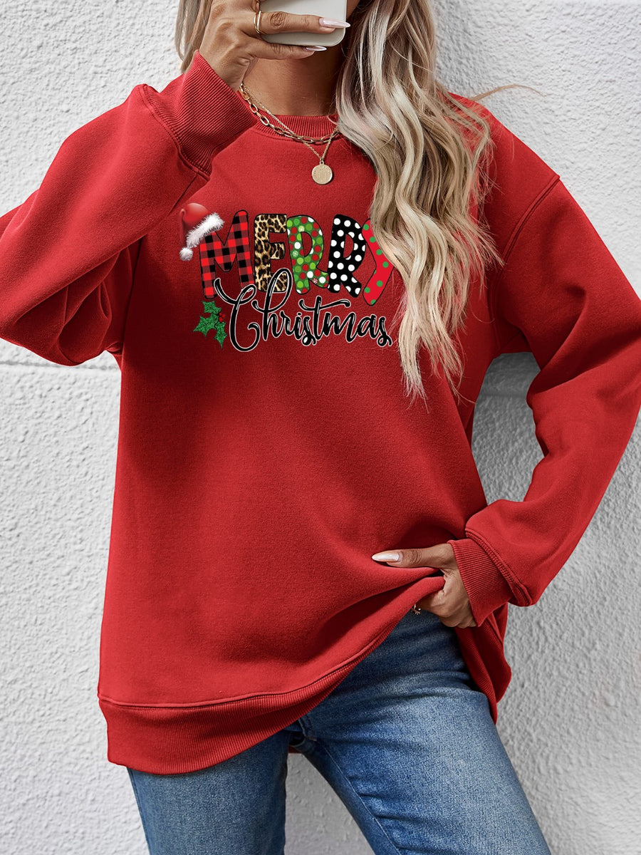 MERRY CHRISTMAS Round Neck Dropped Shoulder Sweatshirt Deep Red