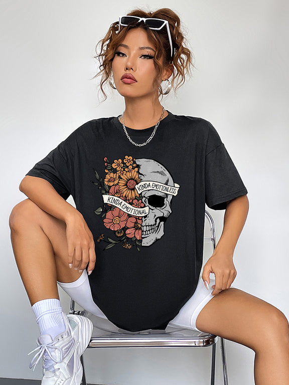 Round Neck Short Sleeve Graphic T-Shirt Black