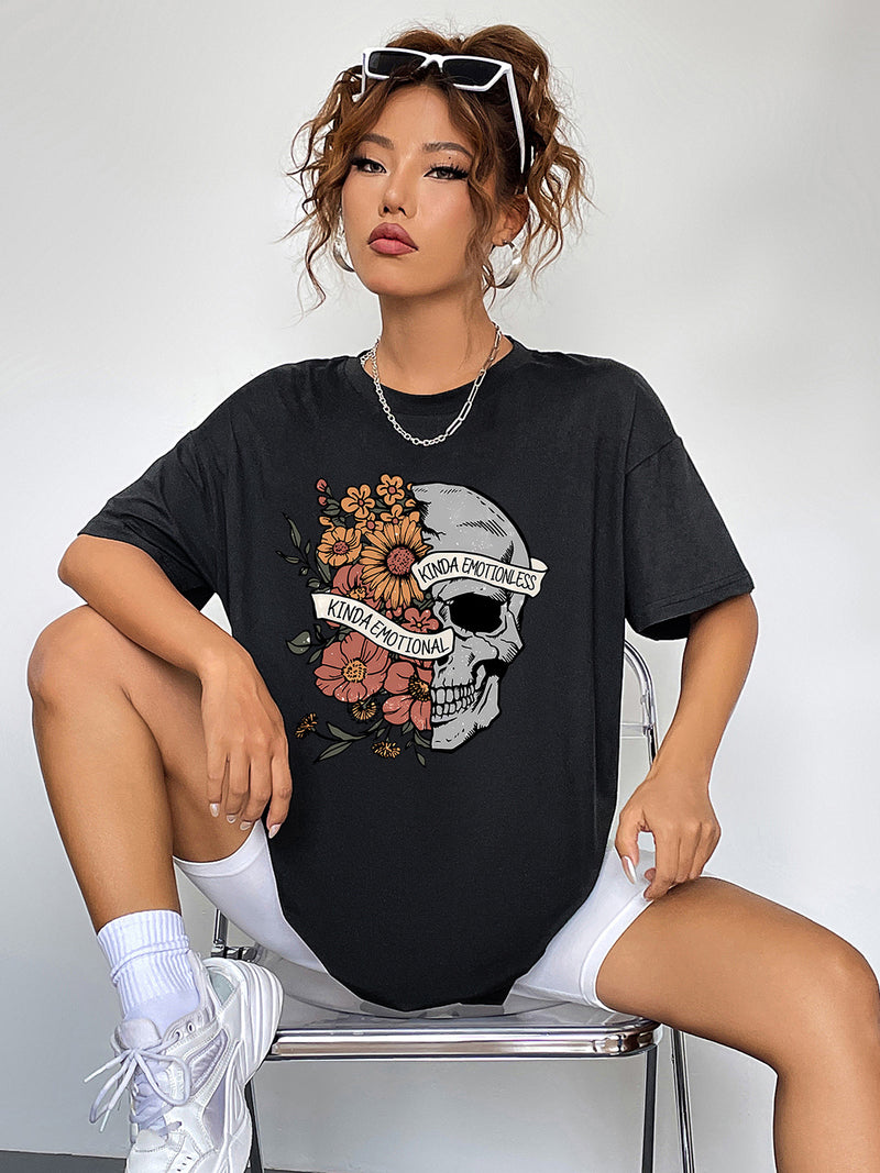 Round Neck Short Sleeve Graphic T-Shirt Black