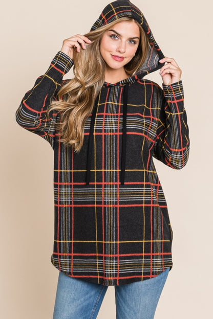 BOMBOM Drawstring Plaid Long Sleeve Hoodie Black