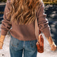 Waffle-Knit Round Neck Long Sleeve Blouse