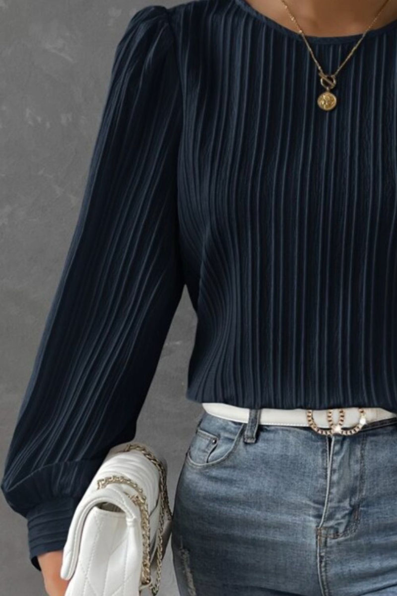 Textured Round Neck Long Sleeve Blouse