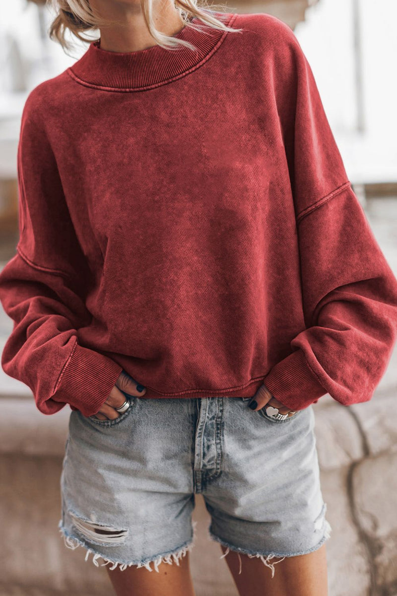 Mock Neck Dropped Shoulder Sweatshirt Deep Red
