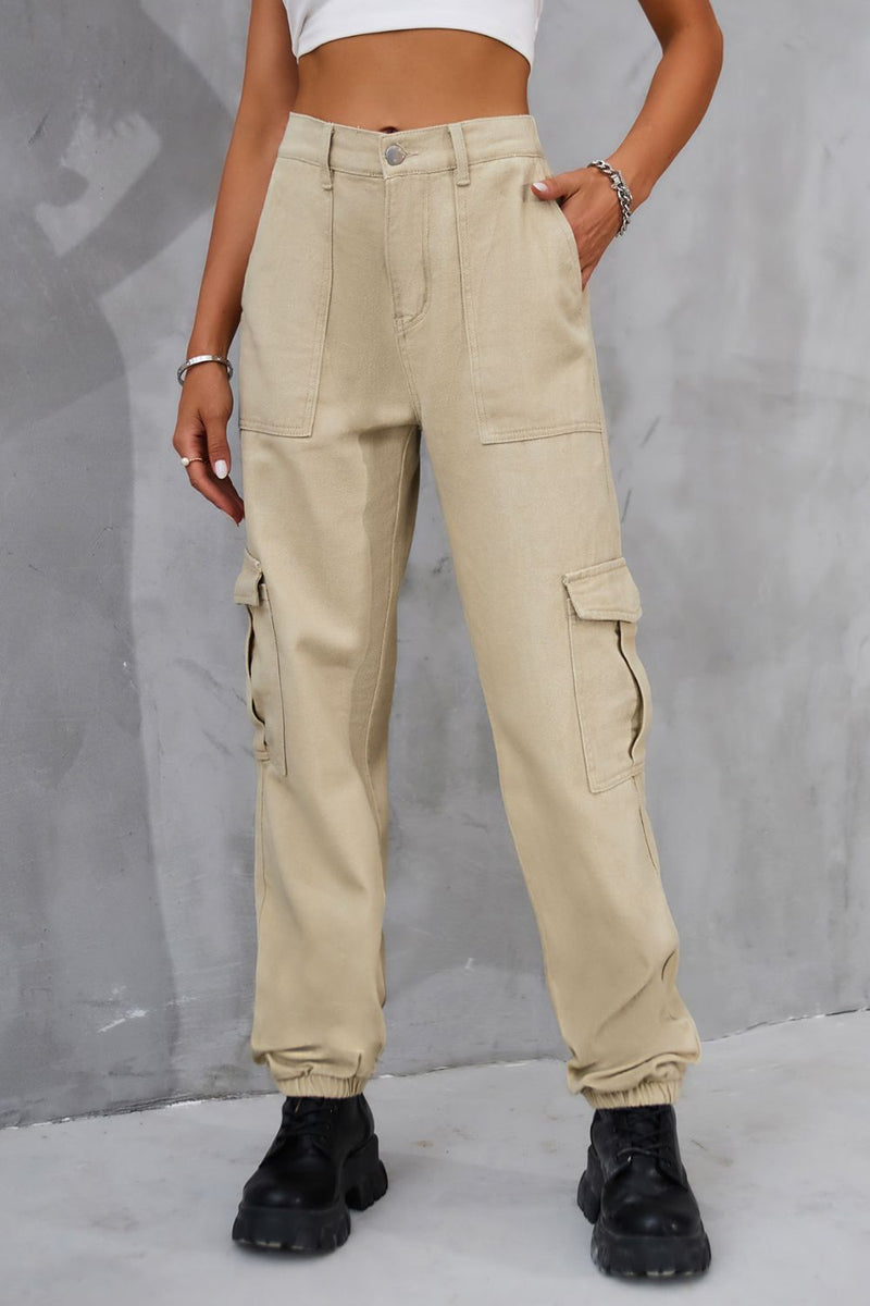 Buttoned High Waist Jeans with Pockets Tan