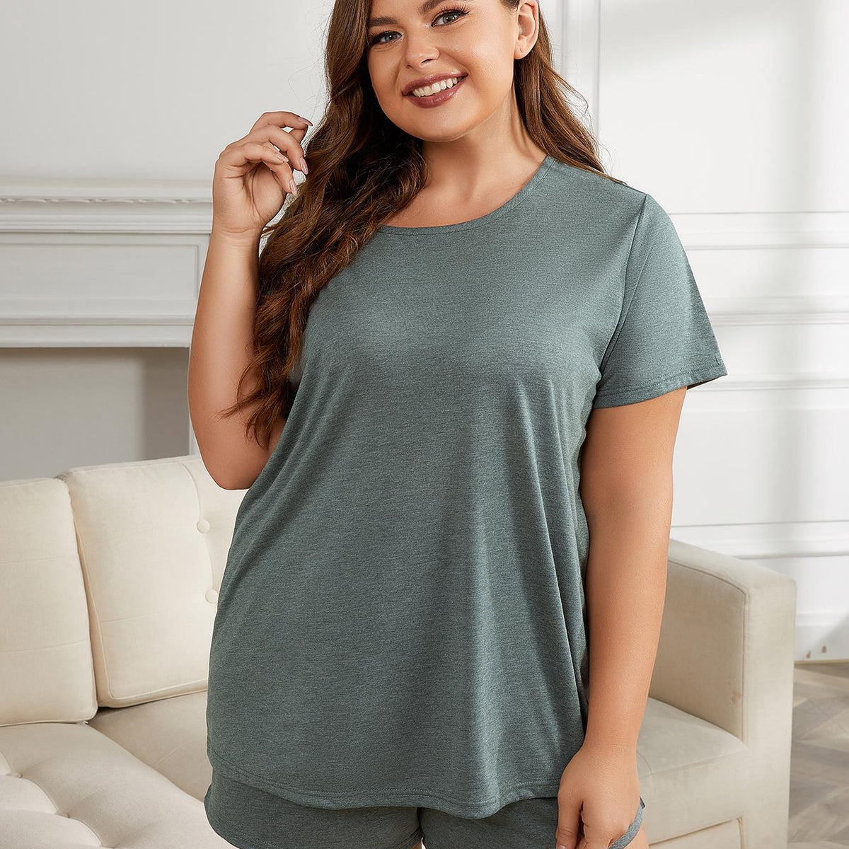 Plus Size Round Neck Short Sleeve Two-Piece Loungewear Set Sage