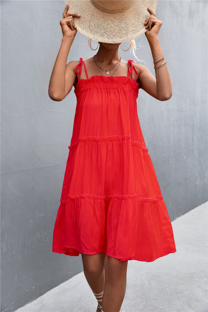 Tie-Shoulder Frill Trim Sleeveless Dress