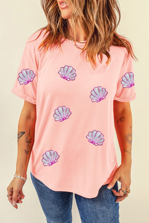 Shell Round Neck Short Sleeve T-Shirt Watermelon pink