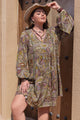 Plus Size Printed V-Neck Long Sleeve Midi Dress Camel