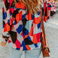 Abstract Pattern Crewneck Ruffled Puff Sleeve Blouse