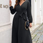 Pleated Long Sleeve Surplice Maxi Dress