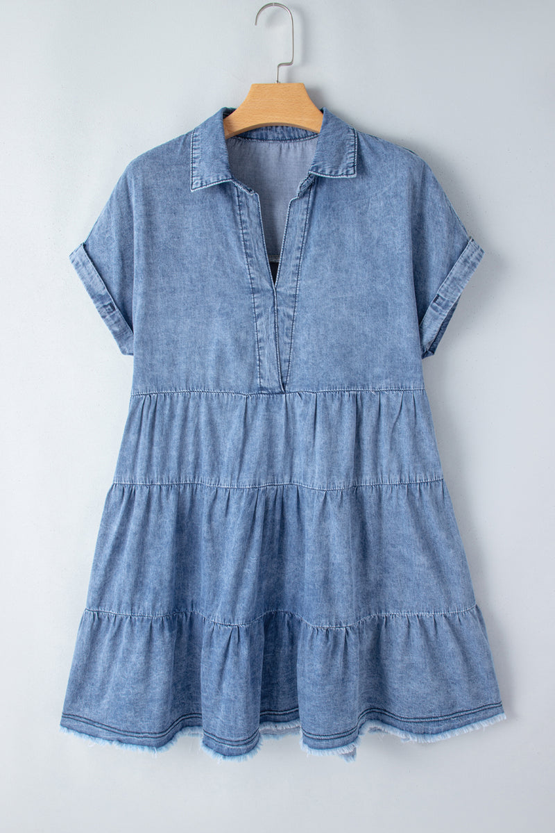 Raw Hem Collared Neck Short Sleeve Denim Dress