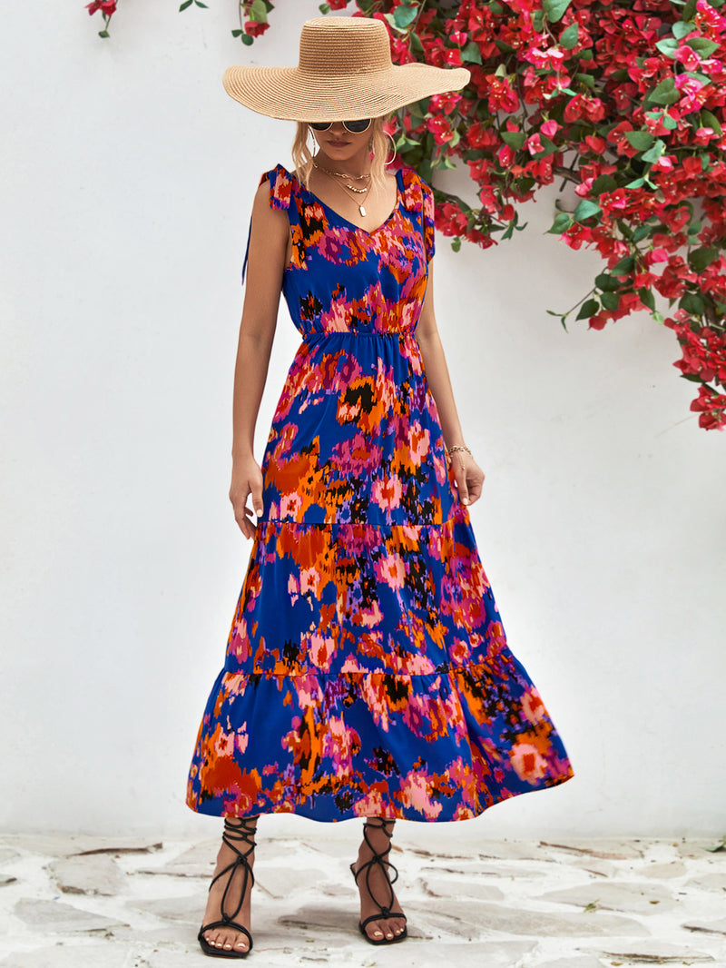 Multicolored V-Neck Backless Midi Dress