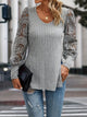 Slit Round Neck Lace Long Sleeve T-Shirt Gray