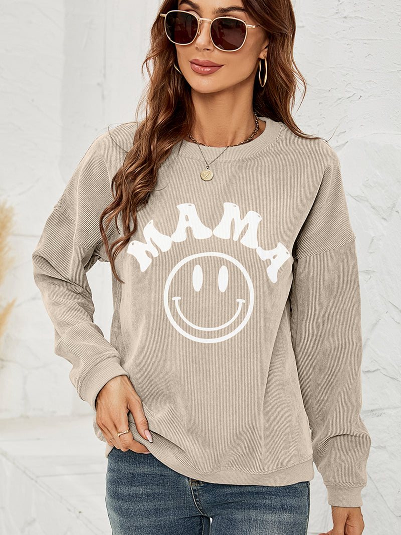 Round Neck Long Sleeve MAMA Graphic Sweatshirt Sand
