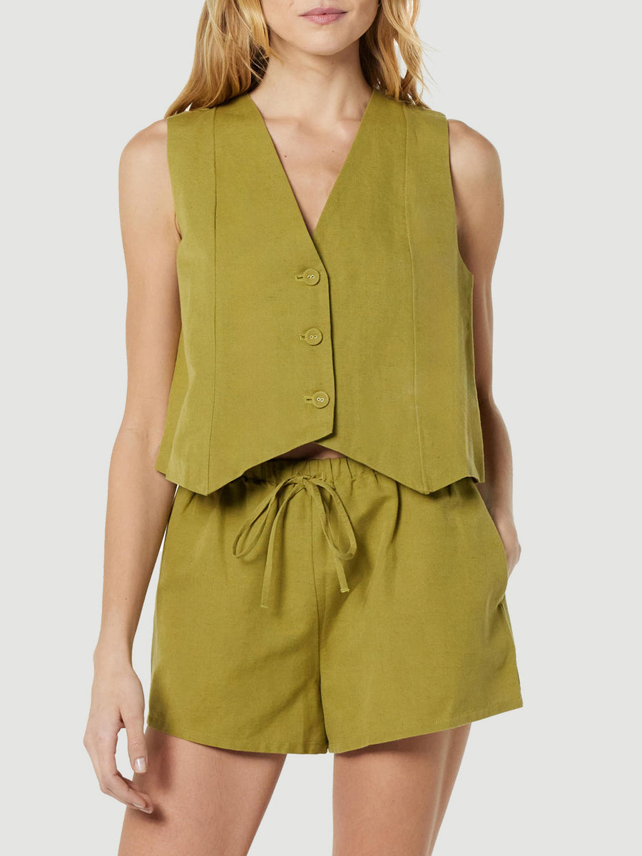 Button Up V-Neck Top and Pocketed Shorts Set Yellow-Green