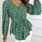 Printed V-Neck Tie Front Flounce Sleeve Blouse