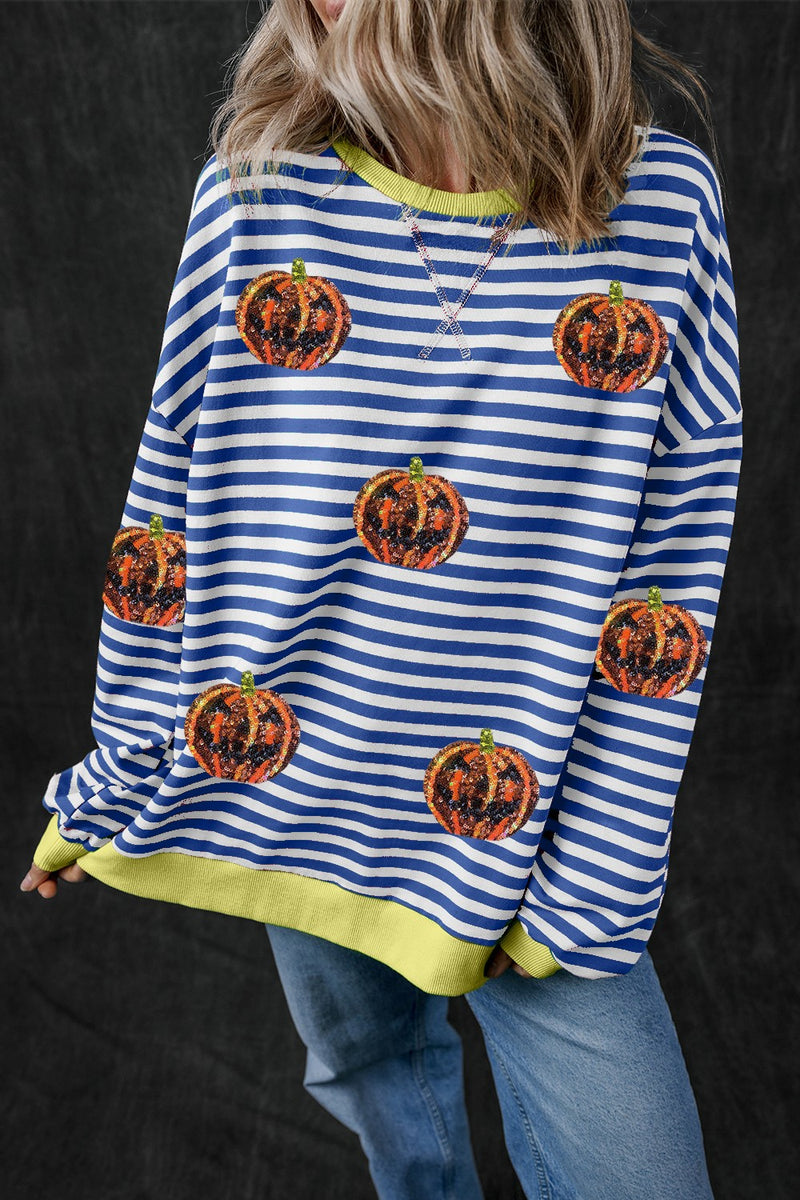 Pumpkin Striped Round Neck Long Sleeve Sweatshirt Navy