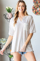 Heimish Full Size Lace Front Pocket Drop Shoulder Top Oatmeal