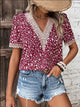Full Size Printed V-Neck Short Sleeve Blouse Hot Pink