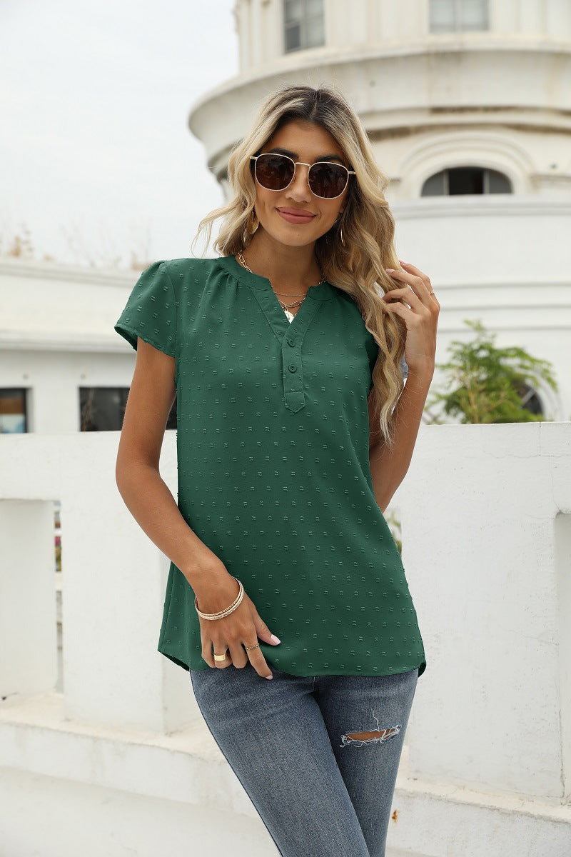 Swiss Dot Notched Neck Short Sleeve Top Forest