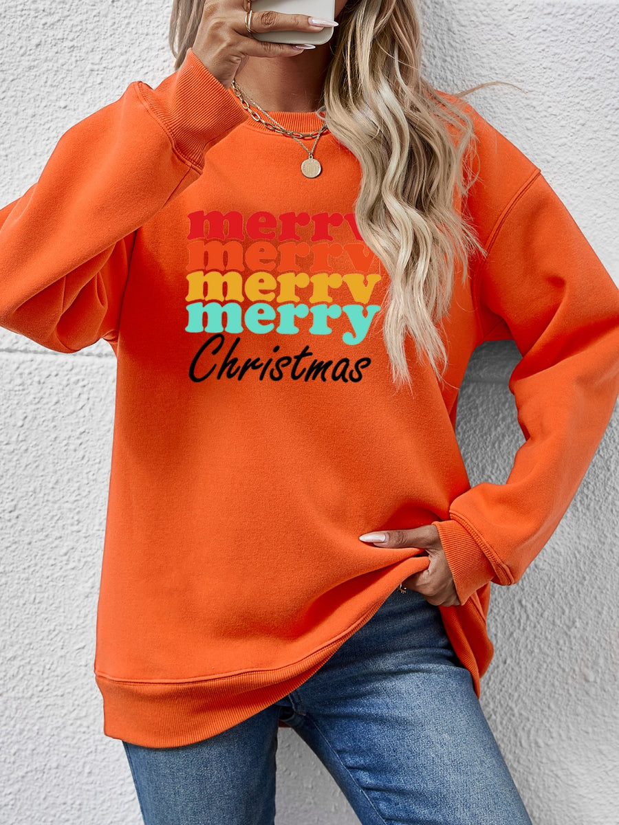 MERRY CHRISTMAS Graphic Long Sleeve Sweatshirt Caramel