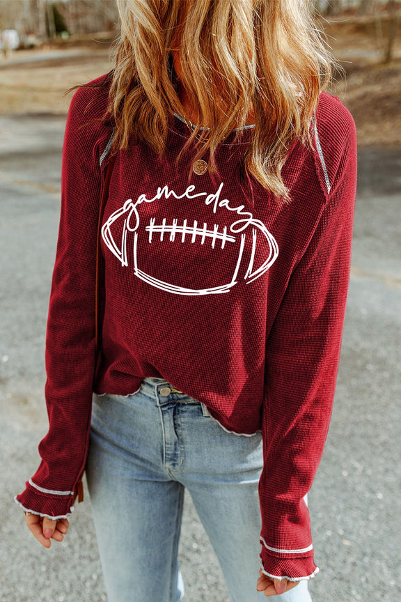 Football Round Neck Long Sleeve Sweatshirt Burgundy