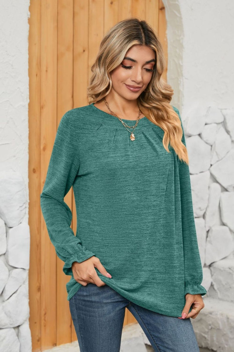 Ruched Round Neck Flounce Sleeve T-Shirt Teal