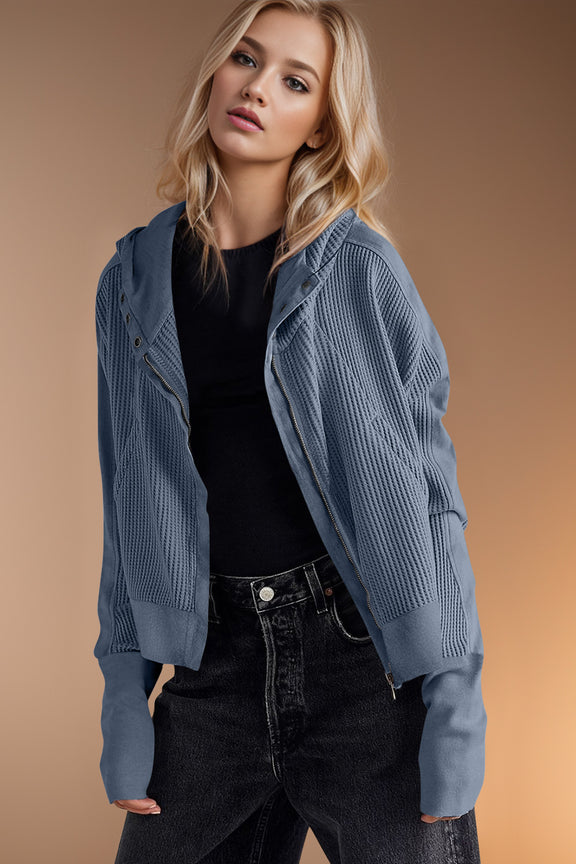 Double Take Waffle-Knit Zip Up Long Sleeve Hooded Jacket Dusty Blue