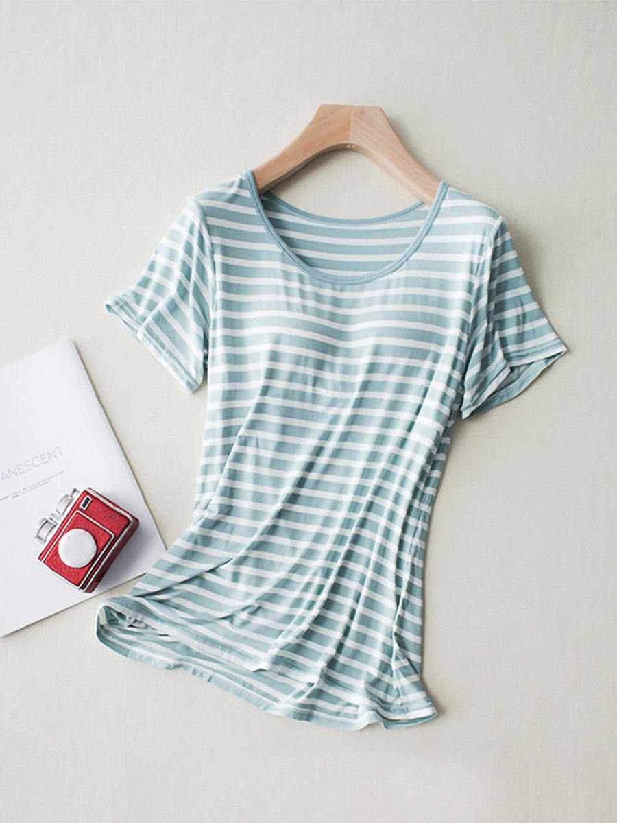 Striped Round Neck Short Sleeve T-Shirt with Bra Turquoise