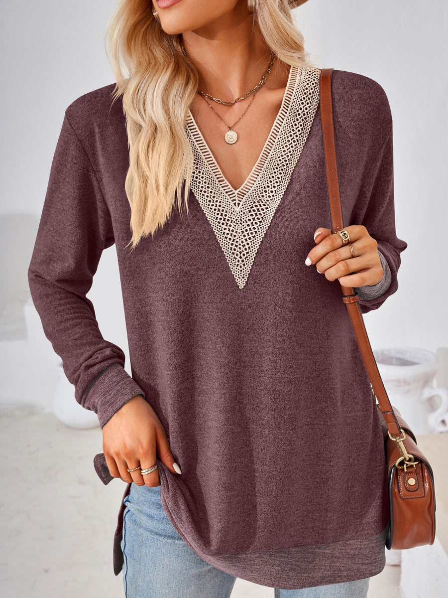 Crochet Contrast V-Neck Long Sleeve Slit T-Shirt Magenta