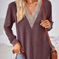 Crochet Contrast V-Neck Long Sleeve Slit T-Shirt