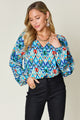 Double Take Full Size Printed Balloon Sleeve Blouse Sky Blue
