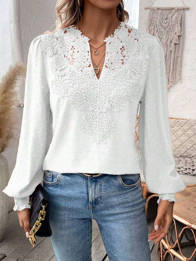 Swiss Dot Lace Detail Notched Long Sleeve Blouse White