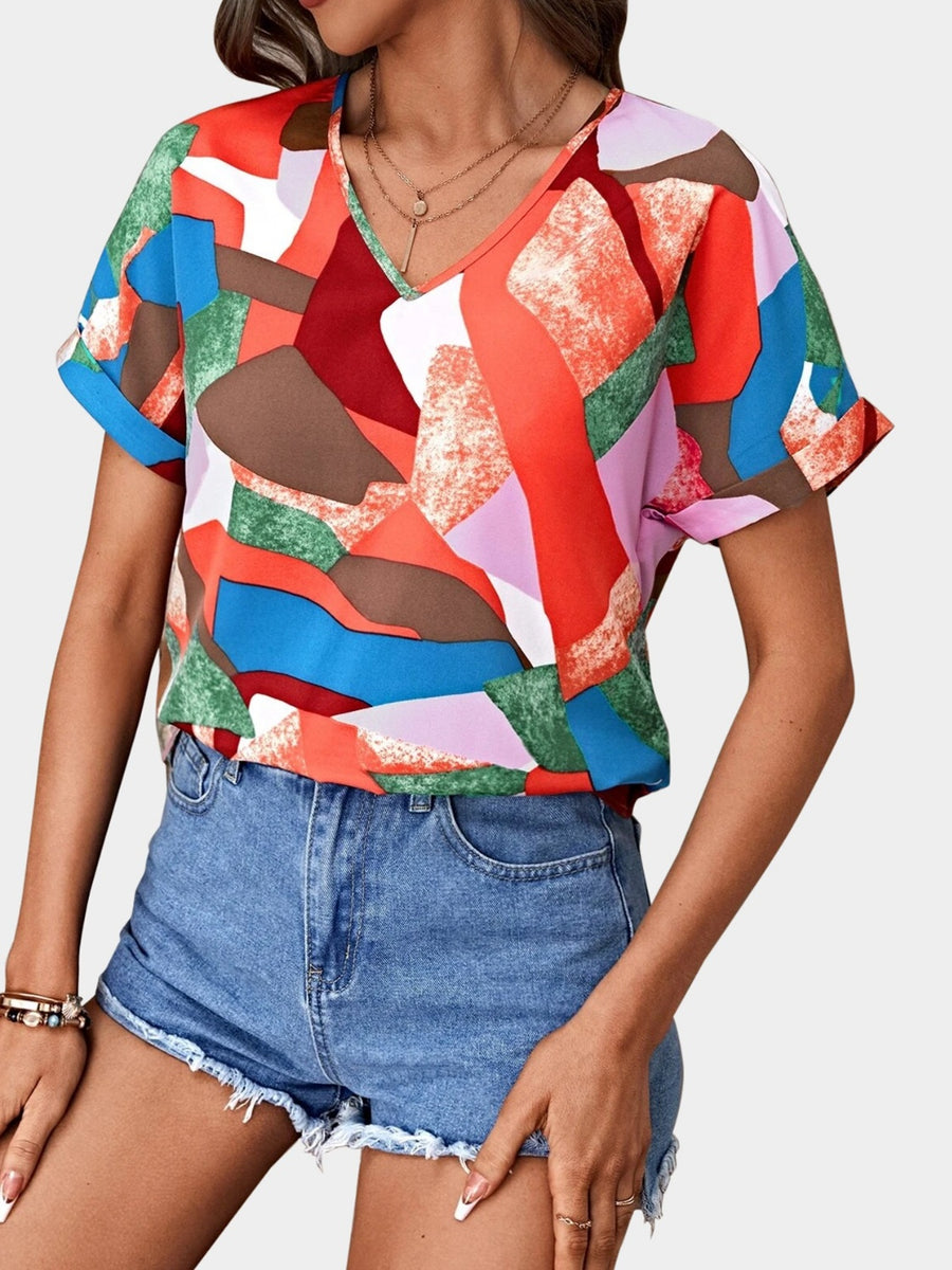 Printed V-Neck Short Sleeve Blouse Multicolor