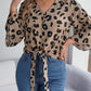 Tied Button Up Leopard V-Neck Blouse