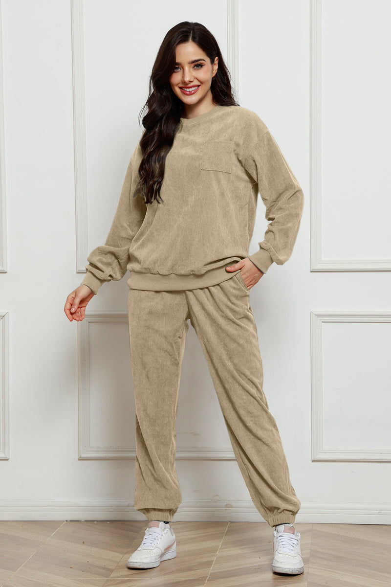 Corduroy Round Neck Sweatshirt and Sweatpants Set Beige