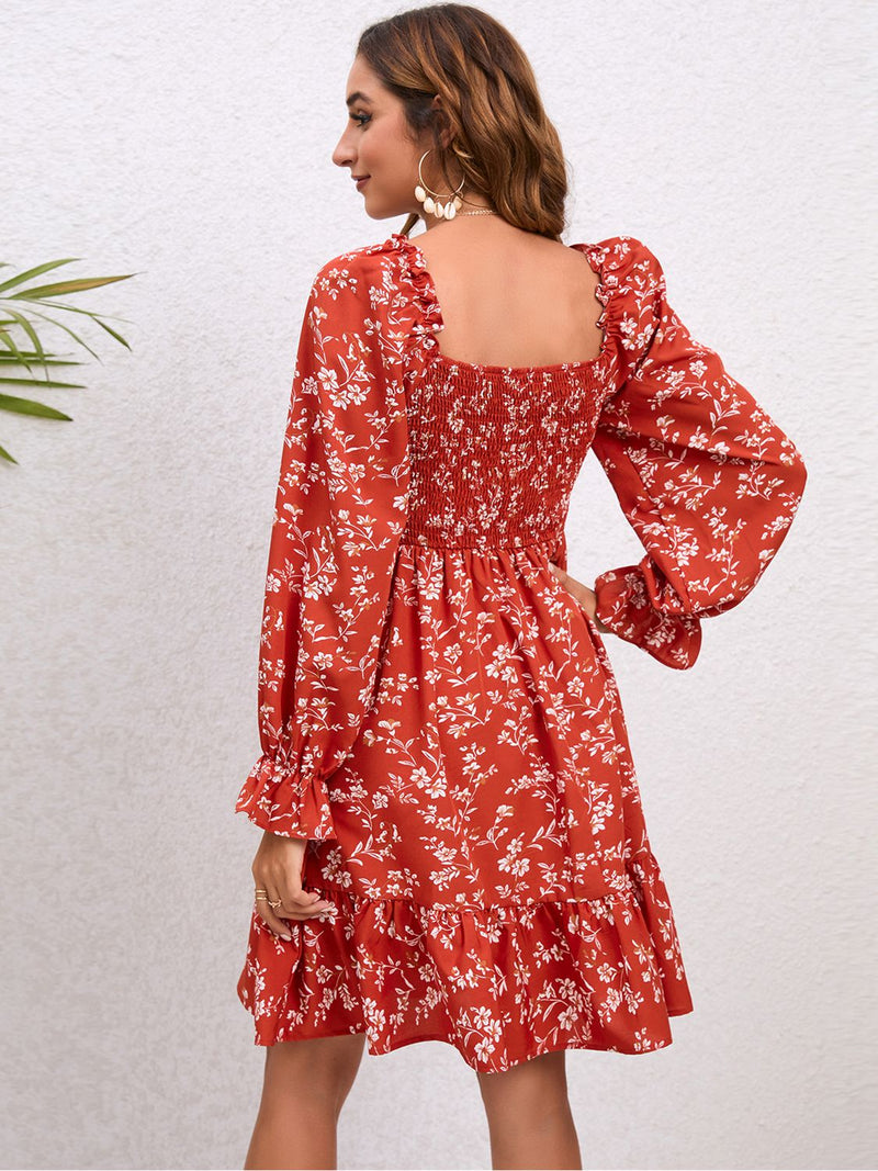 Floral Smocked Square Neck Dress